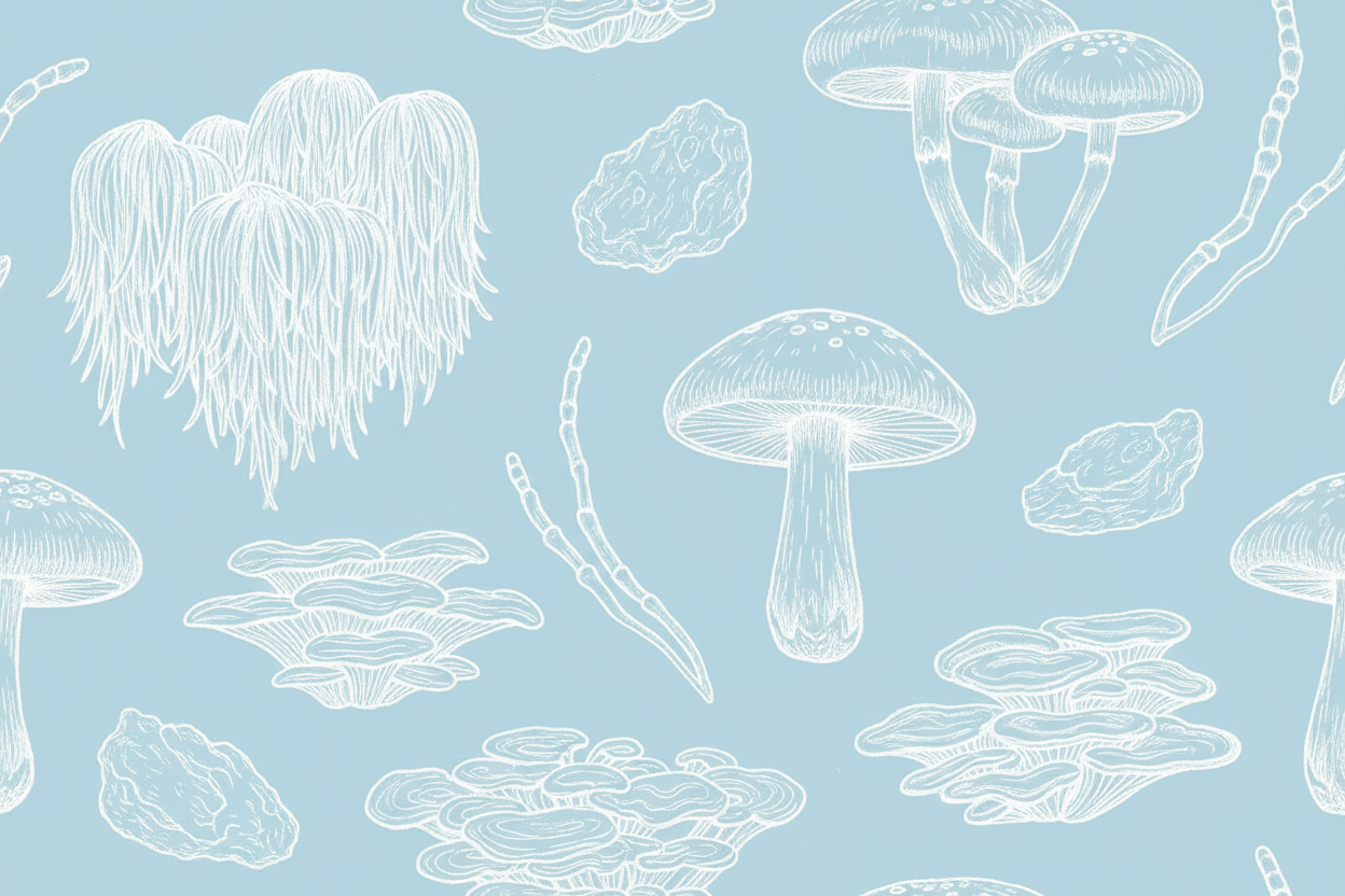 Generate a light blue background with white hand drawn like mushrooms such as lions mane, Shiitake, Cordycepts, Turkey tail and Chaga