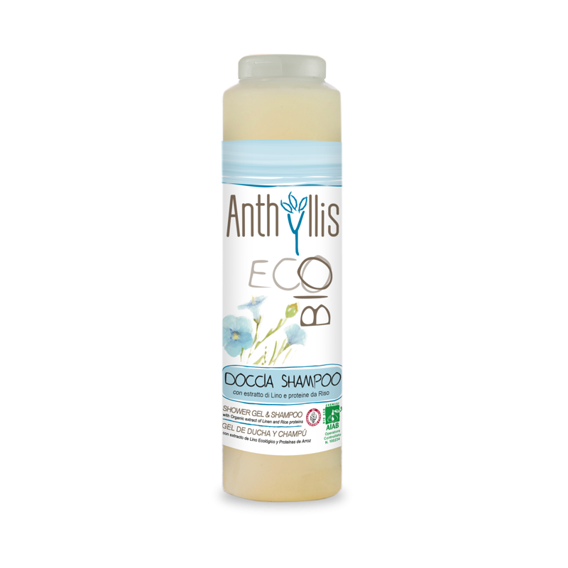 Anthyllis šampūnas ir dušo želė su linų ekstraktu ir ryžių baltymais SERTIFIKUOTA ECO BIO, 250 ml.