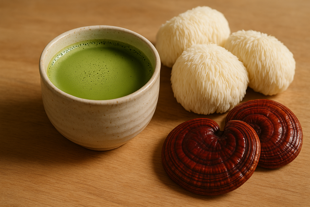 matcha cup with lions mane and reishi nearby